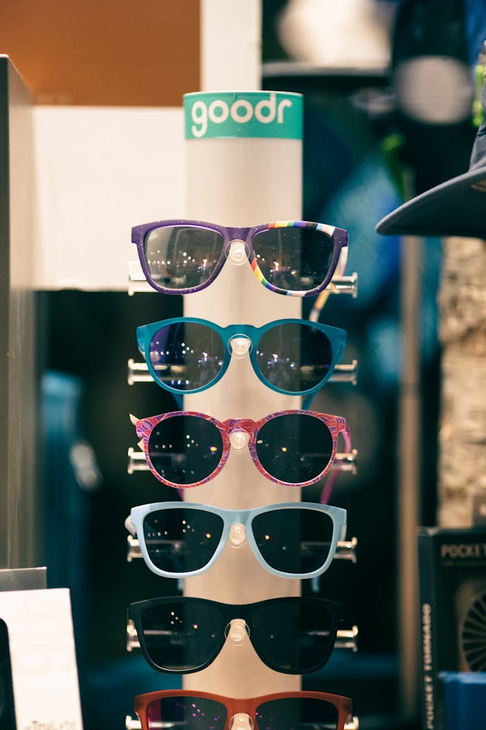 About Colorful arrangement of sunglasses on a retail display, showcasing various stylish eyewear.